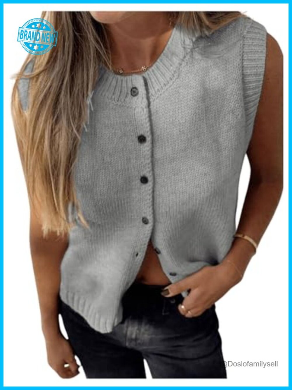 Button Up Sweater Vest Crewneck Sleeveless Knit Tank Top